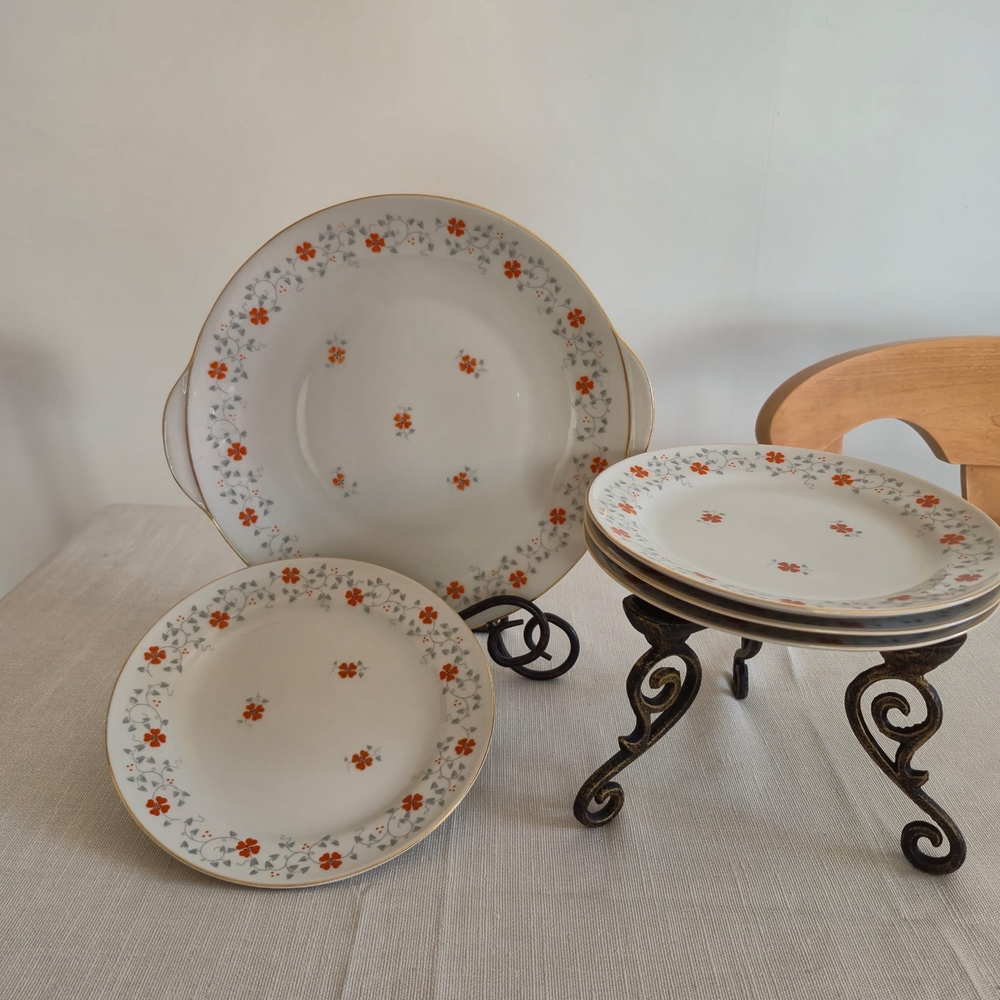 Vintage Fein Bayreuth Salad Plate Set: Orange Clover Vine, c.1950